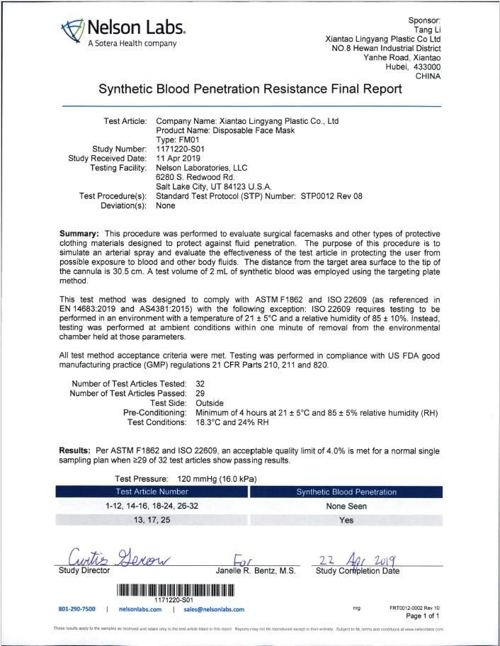 Nelson Labs Test Report EN14683 Synthetic Bloold Penetration Resistance
