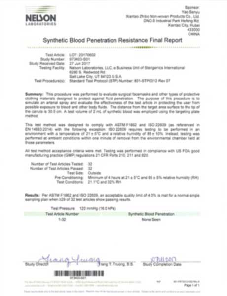 Nelson Labs Test Report EN14683 Synthetic Blood Penetration Resistance